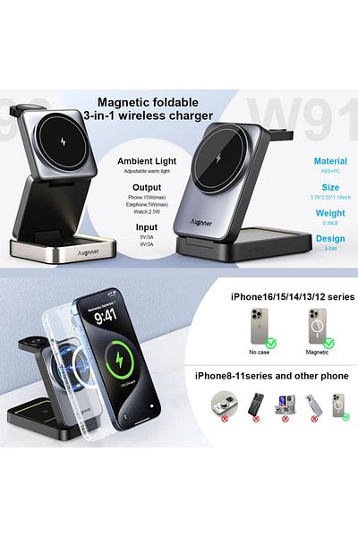 REDz Accessories Suport pliabil 3 în 1, încărcare wireless 15W, magnetic, negru