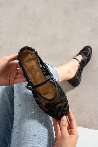 StWenn Luxury Women's Ballerinas with Mesh Embroidery and Bead Detail Round Toe