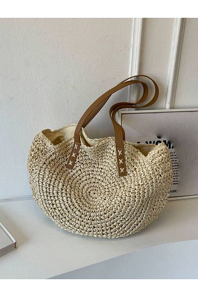La Saade Oval Circular Zippered Lining Pocket Leather Strap Imported Holiday Beach Beach Club Knitted Straw Bag