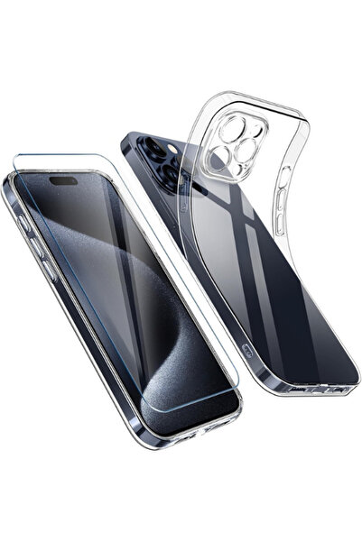 Evax 1C1K iPhone 15 Pro Max Uyumlu 1 Kamera Korumalı Şeffaf Silikon Kılıf + 1...