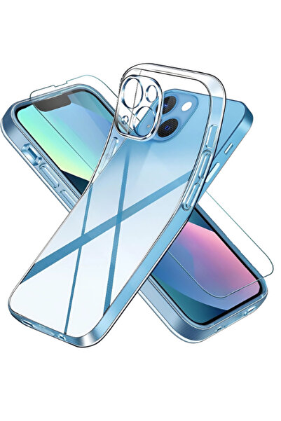 Evax 1C1K iPhone 13 Uyumlu 1 Kamera Korumalı Şeffaf Silikon Kılıf + 1 Temperl...