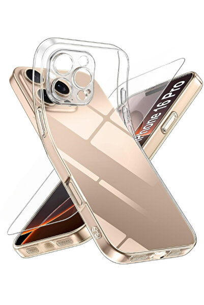Evax 1C1K iPhone 16 Pro Uyumlu 1 Kamera Korumalı Şeffaf Silikon Kılıf + 1 Tem...
