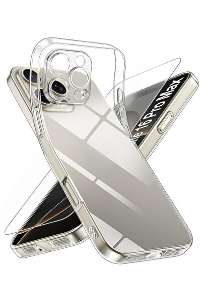 Evax 1C1K iPhone 16 Pro Max Uyumlu 1 Kamera Korumalı Şeffaf Silikon Kılıf + 1...
