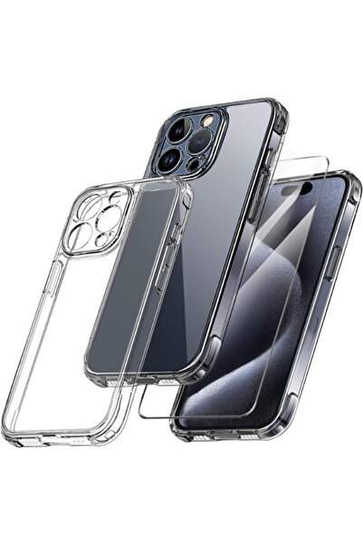 Evax 1C1K iPhone 15 Pro Uyumlu 1 Kamera Korumalı Şeffaf Silikon Kılıf + 1 Tem...