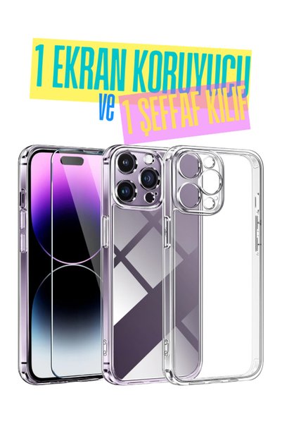 Evax 1C1K iPhone 14 Pro Max Compatible 1 Camera Protected Transparent Silicone Case + 1 Tempered Glass Screen Protector