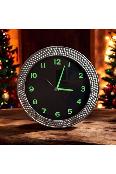 Bahat Phosphorescent 3D Relief Number Silver Chrome Color Wall Clock Diameter 33 cm