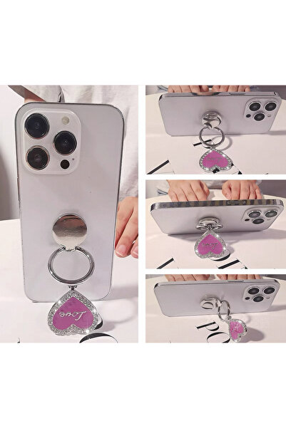 EDELFU Popsocket Gümüş Taşlı Halka Love Kalpli Metal Telefon Tutacağı Sert Yüzey Yapışkanlı Parmak Tutucu