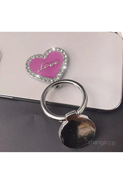EDELFU Popsocket Gümüş Taşlı Halka Love Kalpli Metal Telefon Tutacağı Sert Yüzey Yapışkanlı Parmak Tutucu