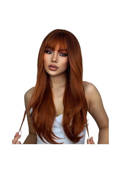 The Casius. Women's wig, long straight hair with bangs, copper red color, 66 cm, The Casius