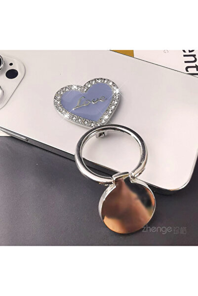 EDELFU Popsocket Gümüş Taşlı Halka Love Kalpli Metal Telefon Tutacağı Sert Yüzey Yapışkanlı Parmak Tutucu