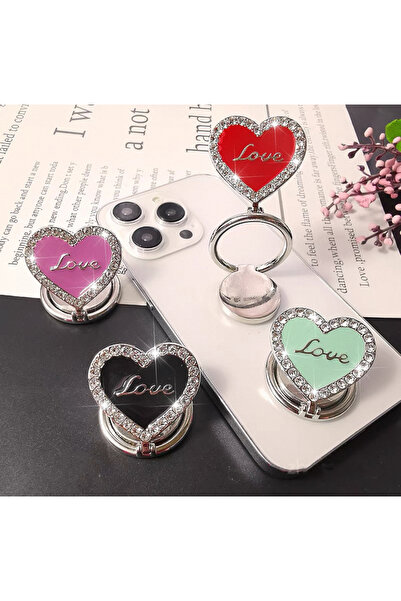 EDELFU Popsocket Gümüş Taşlı Halka Love Kalpli Metal Telefon Tutacağı Sert Yüzey Yapışkanlı Parmak Tutucu