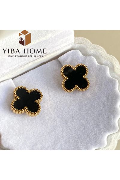 YIBAJEWELERY Black Gold Clover Earrings