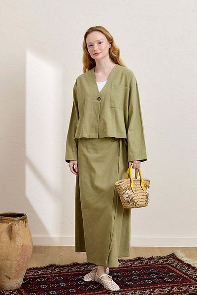 Ceylan Otantik Khaki Organic Linen Single Pocket Jacket & Wrap Skirt Set