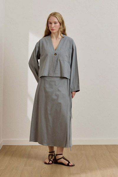 Ceylan Otantik Gray Organic Linen Single Pocket Jacket & Wrap Skirt Set