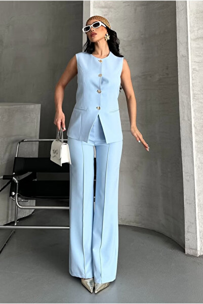 pembekurdelem Kadın Tasarım Düğmeli Yelek Pantolon Takım Bebe Mavi