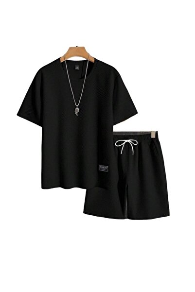 The Casius. Men's Set of T-Shirt and Shorts, Textured Material, Size L, Black Color
