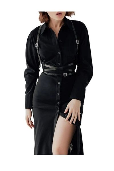 The Casius. Harness-style belt with three silver buckles, length 256 cm, universal size, black color, The Casius