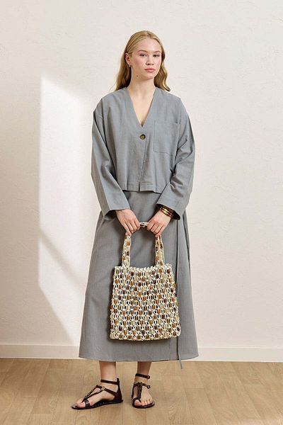 Ceylan Otantik Gray Organic Linen Single Pocket Jacket & Wrap Skirt Set