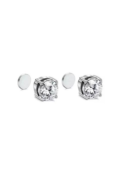 Sprise Men's Earrings with Magnet, Steel and Zirconia Stone 0.8 cm, Silver