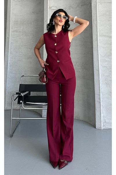 pembekurdelem Women's Design Buttoned Vest Trousers Suit Burgundy