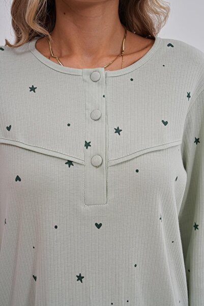 By Mecit Pijama Women's Long Sleeve Pistachio Green Women's 100% Cotton Plus Size Pajamas Set
