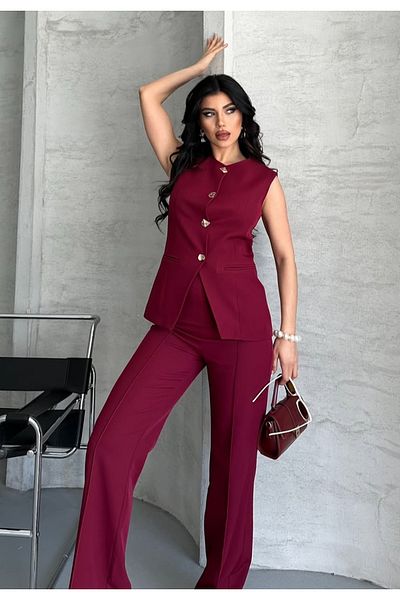 pembekurdelem Women's Design Buttoned Vest Trousers Suit Burgundy