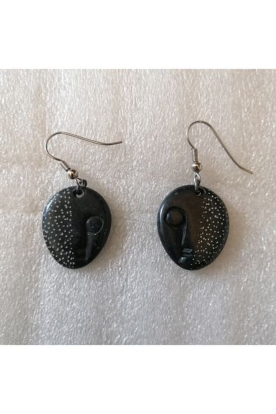 Butik Tülin Authentic Handmade Natural Stone Serpentine Black Half Face Mask Earrings 4.3X2 Made in Mozambique