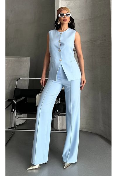 pembekurdelem Set de pantaloni vestă cu nasturi de design pentru femei Baby Blue