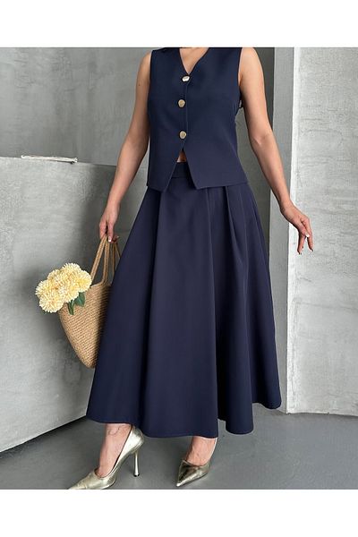 pembekurdelem Women's Vest Pleated Skirt Suit Navy Blue