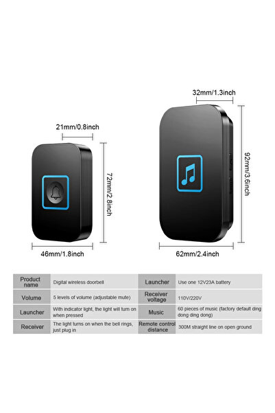 TeknoFaji CACAZI Kablosuz Pil Gerektirmeyen Su Geçirmez 60 Melodi Kapı Zili Ev Ofis Depo Akıllı Zil