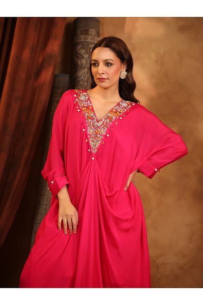 HashtagBe Elegant Magenta Embroidered Draped Kaftan Set