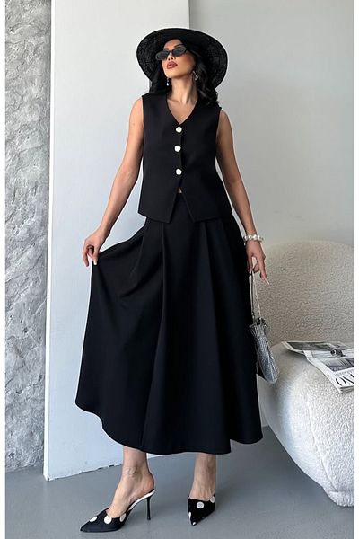 pembekurdelem Women's Vest Pleated Skirt Suit Black