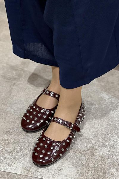 Majensia Belted Full Stone Genuine Leather Ballerinas