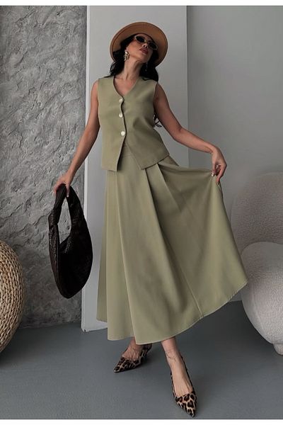 pembekurdelem Women's Vest Pleated Skirt Suit Khaki