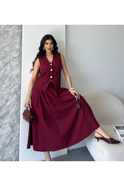 pembekurdelem Women's Vest Pleated Skirt Suit Burgundy