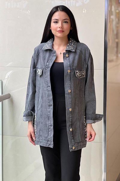 Ghisa Denim Jacket with Pearl and Staple Detail