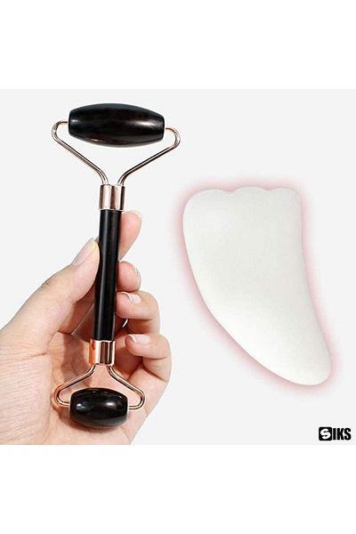 SIKS Onyx and Opal Roller Set for Facial and Body Massage, Onyx Stone, Skin Rejuvenation, Black