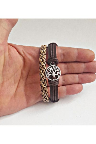 BSN Store Tree of Life Design 2-Pack Fashionable Khaki Leather Bracelets