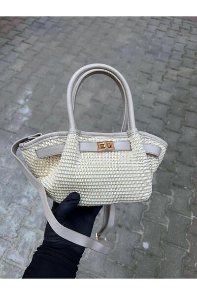 Mia Collection حقيبة يد وكتف نسائية من القش الحقيقي موديل ليما من فرو المنك