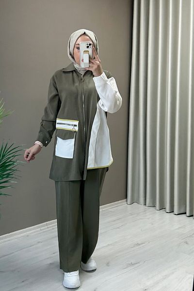 T Moda Store Cupra Fabric Asymmetric Cut Zipper and Pocket Detailed Double Hijab Suit