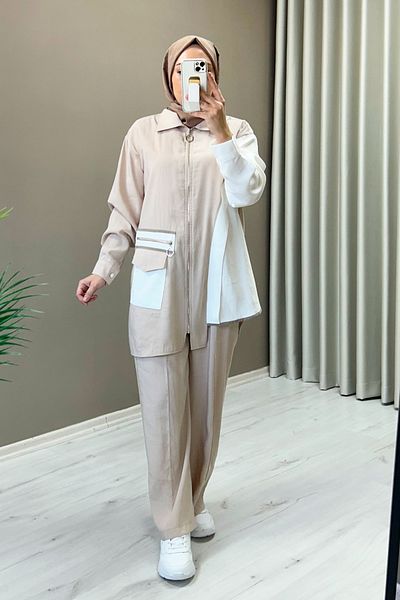 T Moda Store Cupra Fabric Asymmetric Cut Zipper and Pocket Detailed Double Hijab Suit
