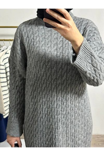 POİNE Women's Crew Neck Hair Braided Knitwear Long Dress