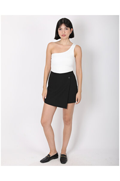 deqfashion Women's Black Buttoned Asymmetry Shorts Skirt