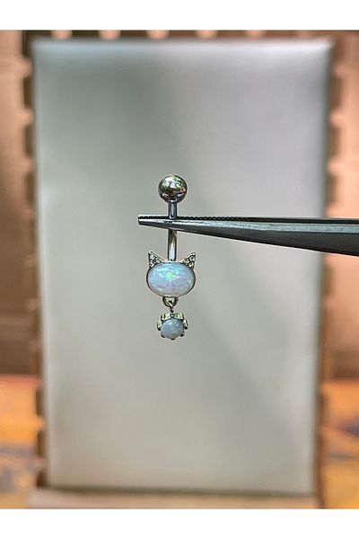 Rupen Kraft 316 L Surgical Steel Cat Model Opal Stone Zircon Stone Detailed Dangle Belly Piercing