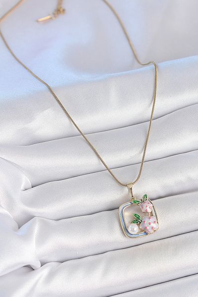 NEZADE STORE 316L Steel Gold Color Chain Blue Enamel Square Model Flower Embroidered Pearl Detail Women's Necklace - Lisinya