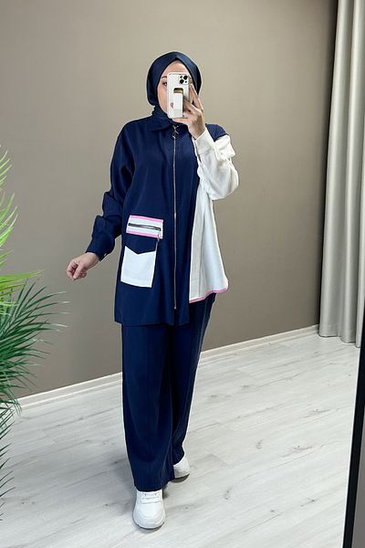 T Moda Store Cupra Fabric Asymmetric Cut Zipper and Pocket Detailed Double Hijab Suit