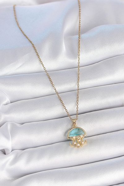 NEZADE STORE 316L Steel Gold Color Blue Stone Jellyfish Model Pearl Detail Women's Necklace - Lisinya