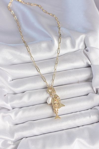 NEZADE STORE Gold Color Brass Necklace with Pearl Detail, Zircon Stone, Double Fish Figure - Lisinya