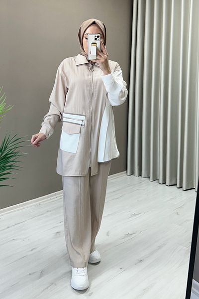 T Moda Store Cupra Fabric Asymmetric Cut Zipper and Pocket Detailed Double Hijab Suit