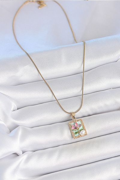 NEZADE STORE 316L Steel Gold Color Chain Blue Enamel Flower Embroidered Pearl Detail Portrait Model Women's Necklace - Lisinya